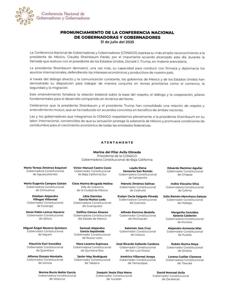 César Cravioto (@craviotocesar) on Twitter photo ¡Así o más claro: todo #MéxicoConClaudia! 🙌🏼
Las y los gobernadores de todo el país, junto a nuestra Jefa de Gobierno <a href="/ClaraBrugadaM/">Clara Brugada Molina</a>, respaldan el acuerdo alcanzado por la presidenta <a href="/Claudiashein/">Claudia Sheinbaum Pardo</a> en favor de #México. ¡Así o más claro: todo #MéxicoConClaudia! 🙌🏼
Las y los gobernadores de todo el país, junto a nuestra Jefa de Gobierno <a href="/ClaraBrugadaM/">Clara Brugada Molina</a>, respaldan el acuerdo alcanzado por la presidenta <a href="/Claudiashein/">Claudia Sheinbaum Pardo</a> en favor de #México.