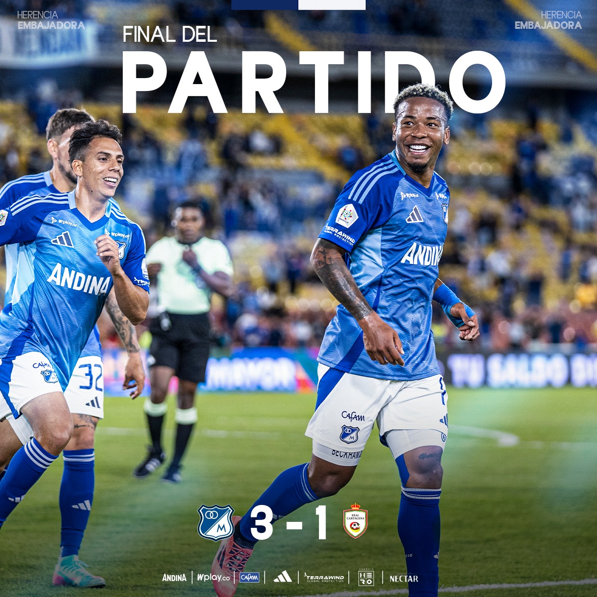 ⏱ 90' ¡3 goles azules en El Campín! ⚽⚽⚽🏟💙🔥 El juego de vuelta será el 26 de agosto en el Jaime Morón de Cartagena.

¡VAMOS MILLONARIOS! Ⓜ🙌

Ⓜ 3-1 🟡🟢 |#MFCvCAR