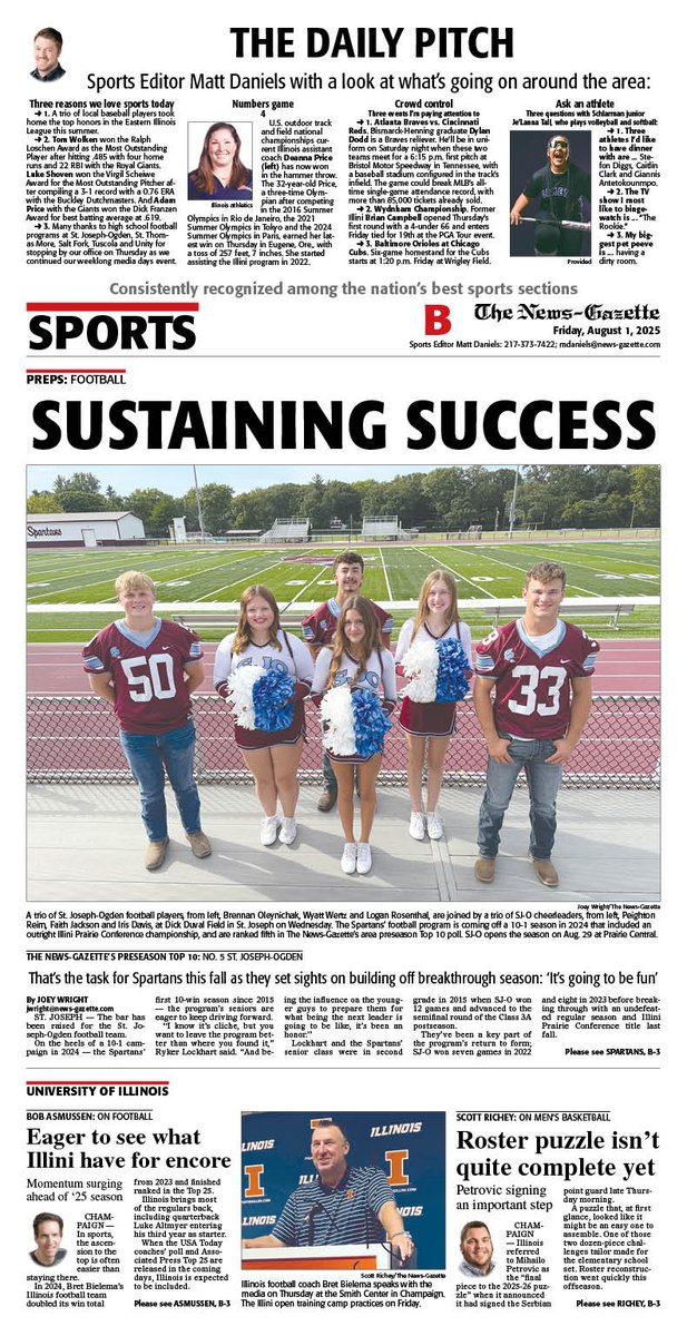 News-Gazette Preps (@ngpreps) on Twitter photo Friday's N-G sports cover features <a href="/JoeyWright2000/">Joey Wright</a> on <a href="/SJOFootball/">SJO Football</a>, the No. 5 team in our area preseason Top 10 rankings, plus <a href="/BobAsmussen/">Bob Asmussen</a> on #Illini football, <a href="/srrichey/">Scott Richey</a> on #Illini men's basketball and <a href="/mdaniels_NG/">Matt Daniels</a>'s latest Daily Pitch.
<a href="/APSE_sportmedia/">APSE</a> Friday's N-G sports cover features <a href="/JoeyWright2000/">Joey Wright</a> on <a href="/SJOFootball/">SJO Football</a>, the No. 5 team in our area preseason Top 10 rankings, plus <a href="/BobAsmussen/">Bob Asmussen</a> on #Illini football, <a href="/srrichey/">Scott Richey</a> on #Illini men's basketball and <a href="/mdaniels_NG/">Matt Daniels</a>'s latest Daily Pitch.
<a href="/APSE_sportmedia/">APSE</a>