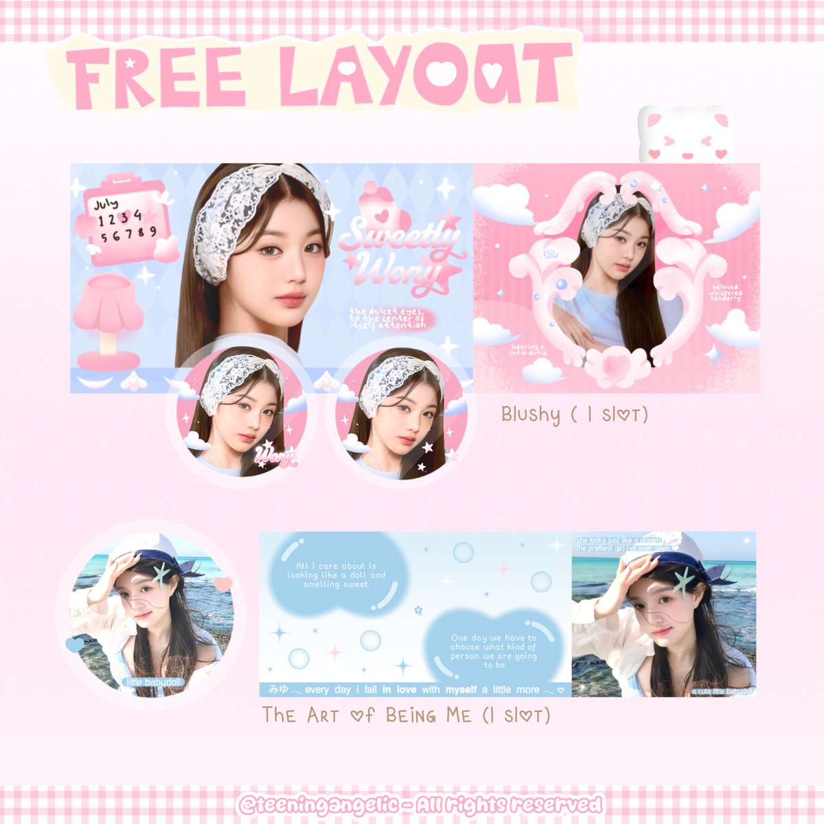 teeningangelic's tweet image. 🌟 help repost, thanks a bun-ch! 🐰🤍

hello! dalam rangka menyambut bulan Agustus, kakak @liaufre mau bagi-bagi 2 slot FREE LAYOUT BY REQ dengan 2 katalog di bawah ini! 🎁💌
⏰: war by dm di jam 20.00 WIB
📮: dm ke @teeningangelic 
[ cek alt untuk info detailnya ya! ]

#zonauang