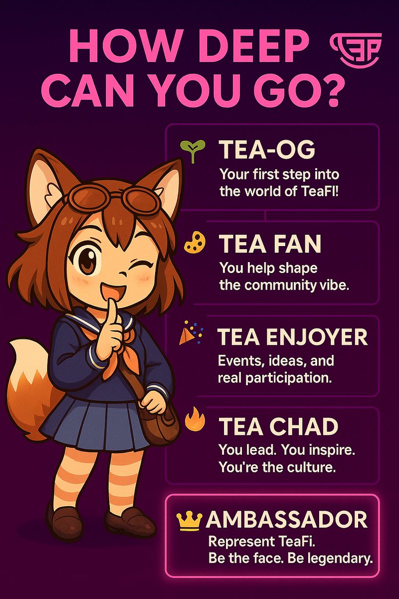 DunkDud's tweet photo. Hi! Iโm Ruka ๐ฆ
Let me guide you into the world of TeaFi!
Join our cozy community, take part in events, and climb the ranks from Tea-OG to AMBASSADOR.
๐ Start your journey here:
https://t.co/rLBakS5Wdy
@i0xMatan https://t.co/xyacxxKTxn
