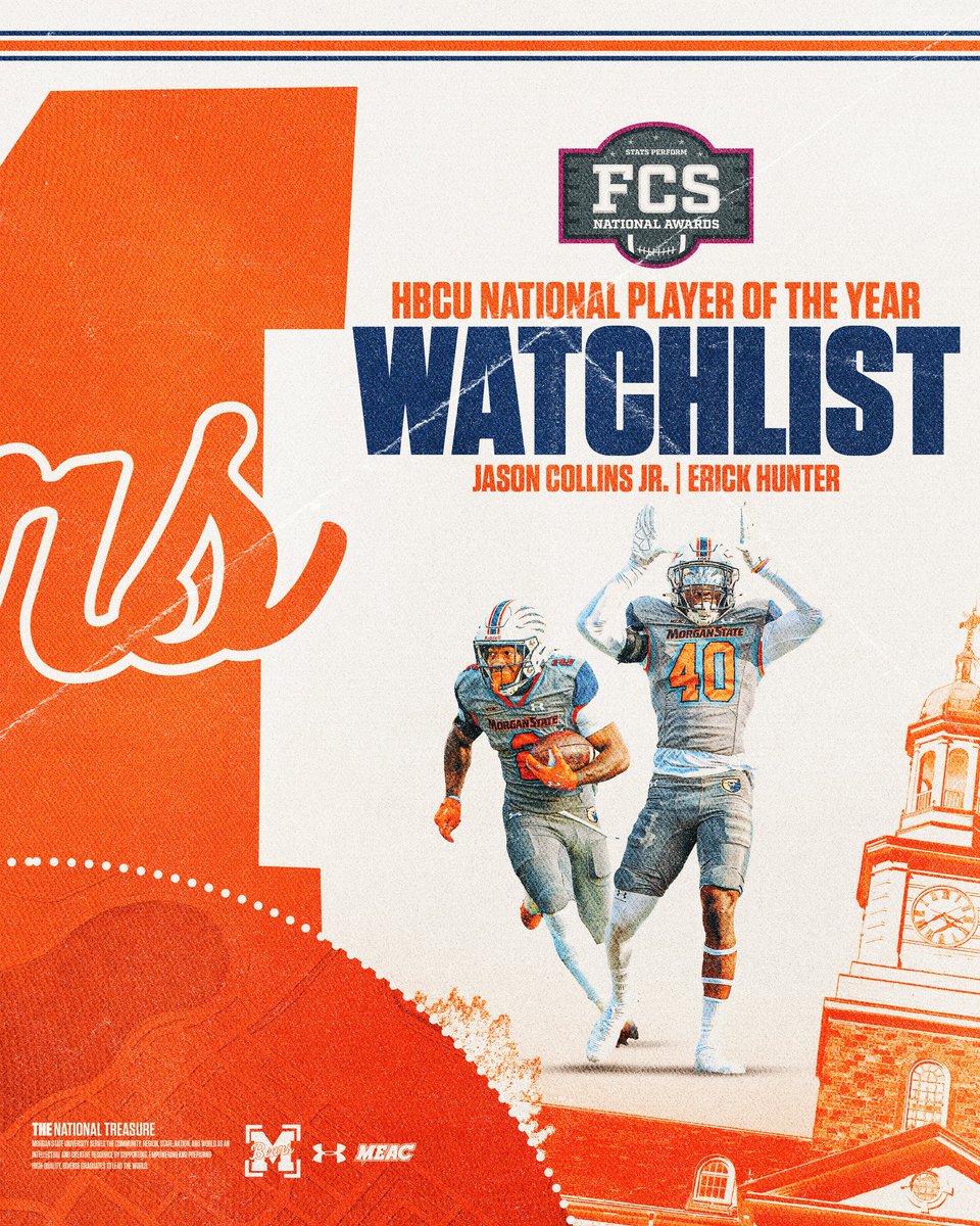 🐻🐻 Two Bears. 📝One Watch List.

▶︎   shorturl.at/uaOp2

Jason Collins Jr. and Erick "E40" Hunter have been named to the HBCU FCS National Player of the Year Preseason Watch List!

<a href="/MEACSports/">Mid-Eastern Athletic Conference</a> | <a href="/UnderArmour/">Under Armour</a> 
#GoBears🔷🔶