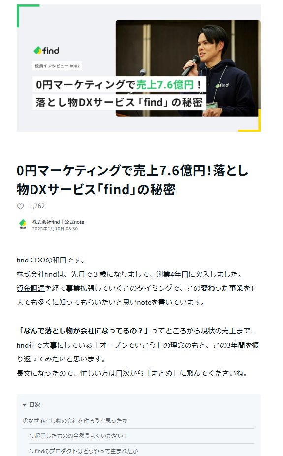 suan_news's tweet photo. 【キャズム超え】落とし物DXスタートアップの「find」、営業マン1人で5000箇所突破。急成長。

一見するとニッチな「落とし物SaaS」、急成長しているようです。
toB向けSaaSで営業マン1人はすごすぎますね...。

発案からPMFまでのストーリーnoteがかなり面白いのでぜひ。

0円マーケティングで売上7.6億円！落とし物DXサービス「find」の秘密
https://t.co/SHkkdQqc1F