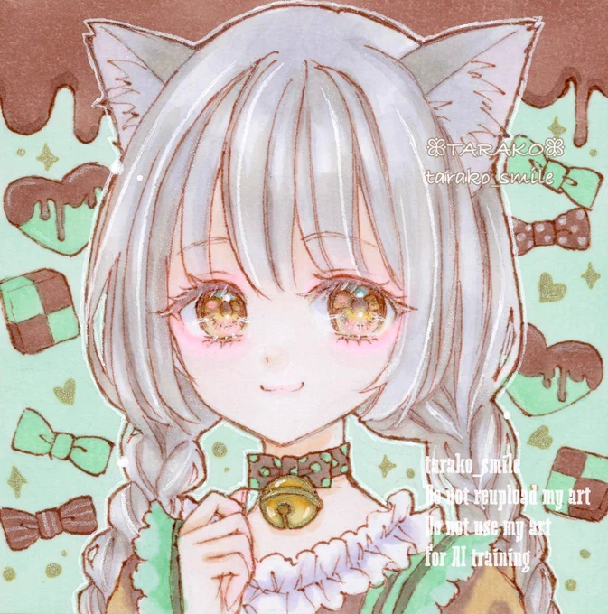 #チョコミント展10 チョコミントキャット #豆色紙 ⑧ #アナログ絵
