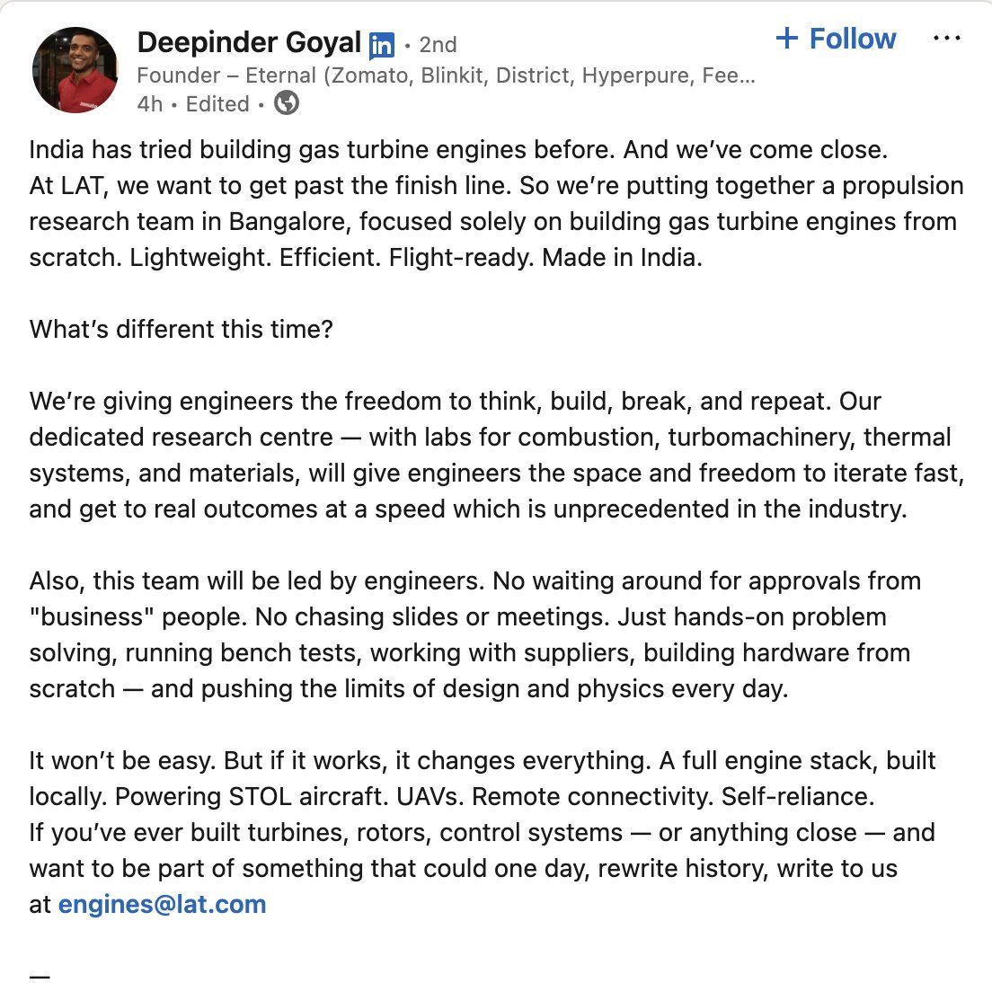 🚨 Zomato founder Deepinder Goyal wants to build India’s first jet engine from scratch in Bengaluru.
