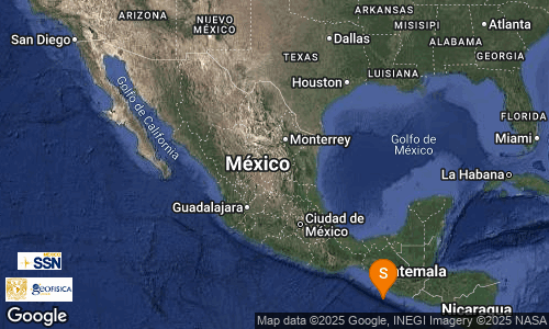 SISMO Magnitud 4.1 Loc  115 km al SUROESTE de CD HIDALGO, CHIS 31/07/25 20:55:42 Lat 13.69 Lon -92.49 Pf 12 km