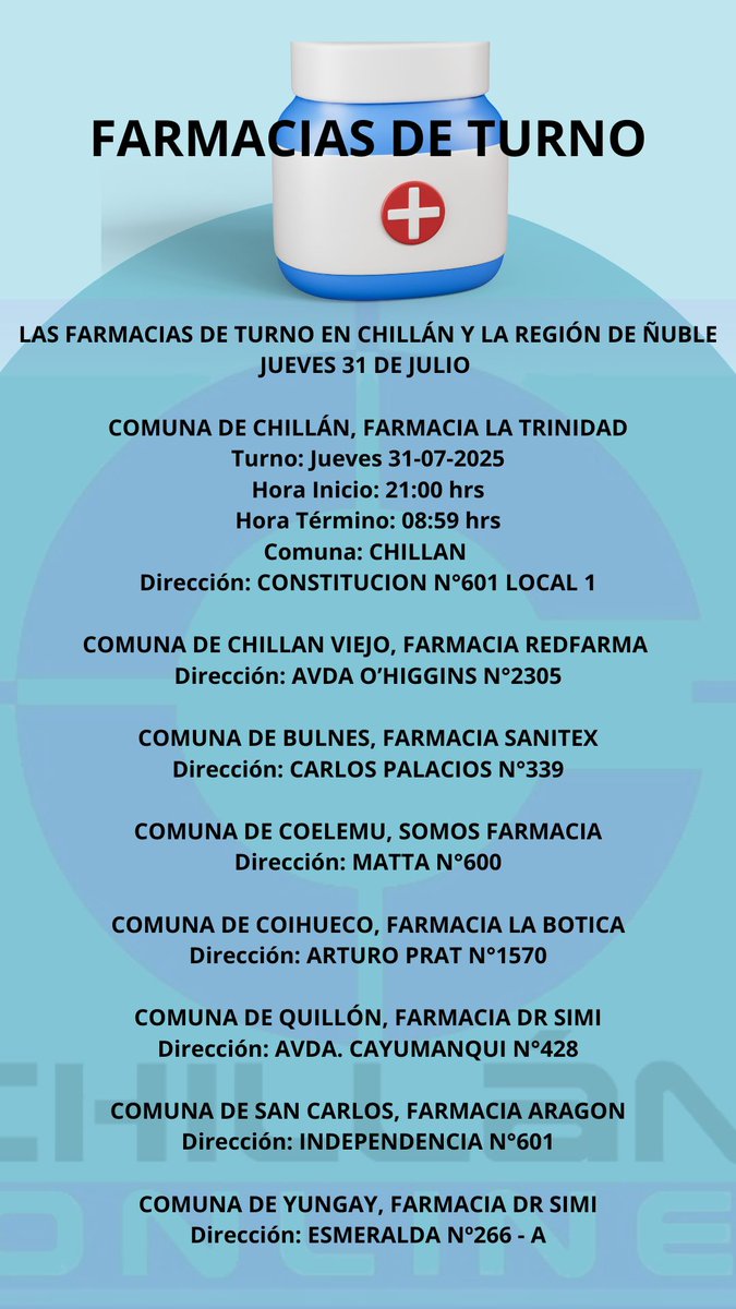 LAS FARMACIAS DE TURNO EN CHILLÁN Y LA REGIÓN DE ÑUBLE JUEVES 31 DE JULIO