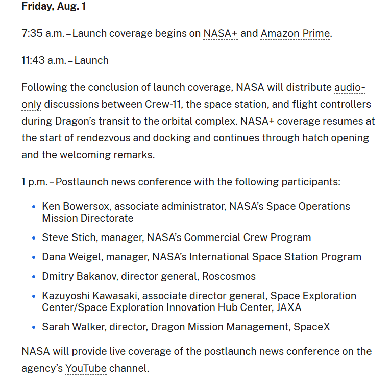 Crew-11 is indeed going to try again trmw, Aug 1, at 11:43 am ET. If it goes, the post-launch press conference is at 1:00 pm ET and, according to the updated NASA press release, will incl Roscosmos Director General Dmitry Bakanov! nasa.gov/news-release/n…