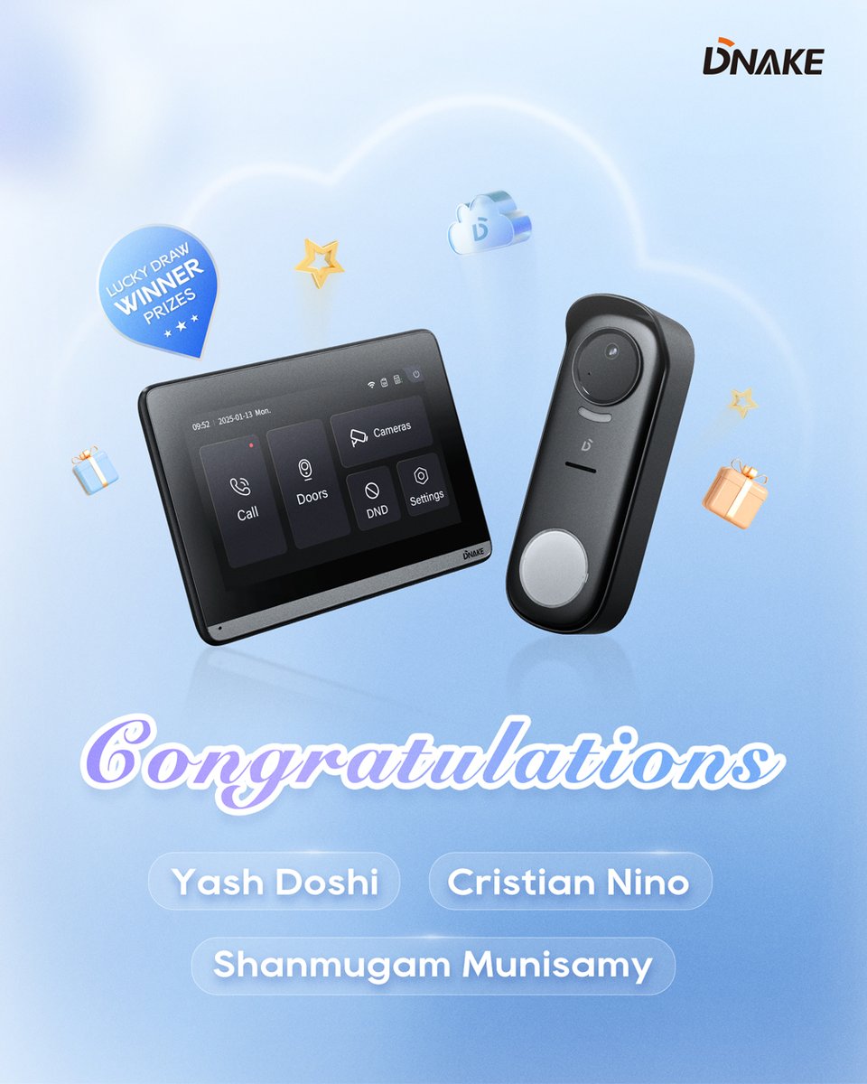 Congrats Yash, Shanmugam &amp; Cristian! You've won the 𝗗𝗞𝟯𝟲𝟬 𝗪𝗶𝗿𝗲𝗹𝗲𝘀𝘀 𝗗𝗼𝗼𝗿𝗯𝗲𝗹𝗹 𝗞𝗶𝘁 🎉 Check emails for details.

Missed our webinar? Watch highlights: youtu.be/zg5yEwniZsM

More events coming - follow @DNAKE!

#SmartHome #CloudSolution #DNAKE #Intercom
