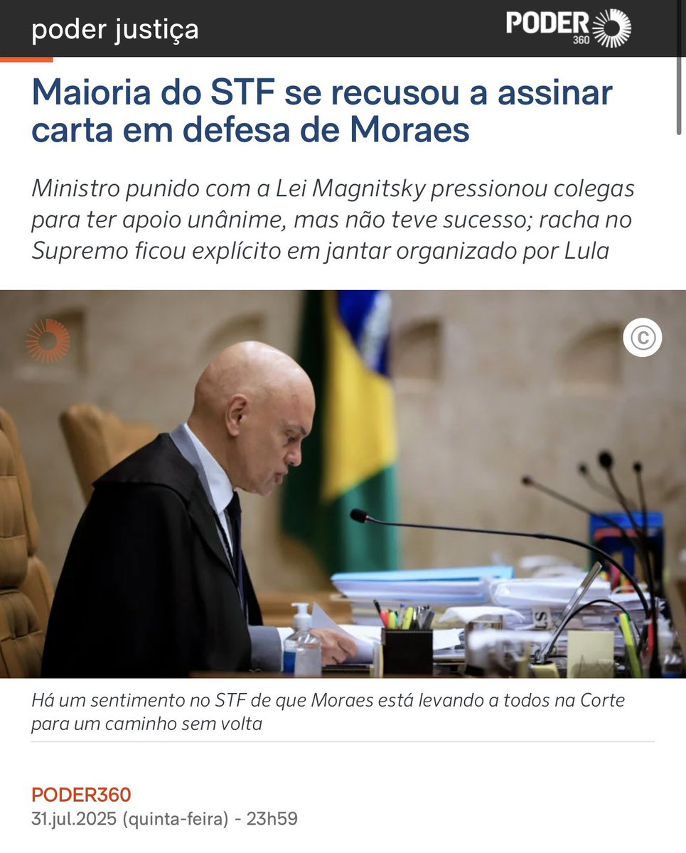 🚨Parece se iniciar um racha no Supremo. Uma ala desembarcou do jantar desta noite promovido por Lula para demonstrar união: faltaram André Mendonça, Luiz Fux, Nunes Marques e, surpreendentemente, Cármen Lúcia e Dias Toffoli. Fachin fez saber que foi a contragosto