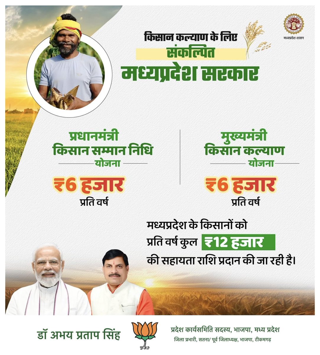 Dr. Abhay Pratap Singh Yadav (@abhayyadav_bjp) on Twitter photo рд╕рд╢рдХреНрдд рдХрд┐рд╕рд╛рди, рд╕рдореГрджреНрдз рдордзреНрдпрдкреНрд░рджреЗрд╢
---
рдкреНрд░рдзрд╛рдирдордВрддреНрд░реА рдХрд┐рд╕рд╛рди рд╕рдореНрдорд╛рди рдирд┐рдзрд┐ рдПрд╡рдВ рдореБрдЦреНрдпрдордВрддреНрд░реА рдХрд┐рд╕рд╛рди рдХрд▓реНрдпрд╛рдг рдпреЛрдЬрдирд╛ рдХреЗ рдорд╛рдзреНрдпрдо рд╕реЗ рдХрд┐рд╕рд╛рдиреЛрдВ рдХреЛ рд╣рд░ рд╡рд░реНрд╖ рдХреБрд▓ тВ╣ЁЭЯПЁЭЯР,ЁЭЯОЁЭЯОЁЭЯО рдХреА рдЖрд░реНрдерд┐рдХ рд╕рд╣рд╛рдпрддрд╛ рдкреНрд░рджрд╛рди рдХреА рдЬрд╛ рд░рд╣реА рд╣реИред
<a href="/narendramodi/">Narendra Modi</a> <a href="/DrMohanYadav51/">Dr Mohan Yadav</a> рд╕рд╢рдХреНрдд рдХрд┐рд╕рд╛рди, рд╕рдореГрджреНрдз рдордзреНрдпрдкреНрд░рджреЗрд╢
---
рдкреНрд░рдзрд╛рдирдордВрддреНрд░реА рдХрд┐рд╕рд╛рди рд╕рдореНрдорд╛рди рдирд┐рдзрд┐ рдПрд╡рдВ рдореБрдЦреНрдпрдордВрддреНрд░реА рдХрд┐рд╕рд╛рди рдХрд▓реНрдпрд╛рдг рдпреЛрдЬрдирд╛ рдХреЗ рдорд╛рдзреНрдпрдо рд╕реЗ рдХрд┐рд╕рд╛рдиреЛрдВ рдХреЛ рд╣рд░ рд╡рд░реНрд╖ рдХреБрд▓ тВ╣ЁЭЯПЁЭЯР,ЁЭЯОЁЭЯОЁЭЯО рдХреА рдЖрд░реНрдерд┐рдХ рд╕рд╣рд╛рдпрддрд╛ рдкреНрд░рджрд╛рди рдХреА рдЬрд╛ рд░рд╣реА рд╣реИред
<a href="/narendramodi/">Narendra Modi</a> <a href="/DrMohanYadav51/">Dr Mohan Yadav</a>