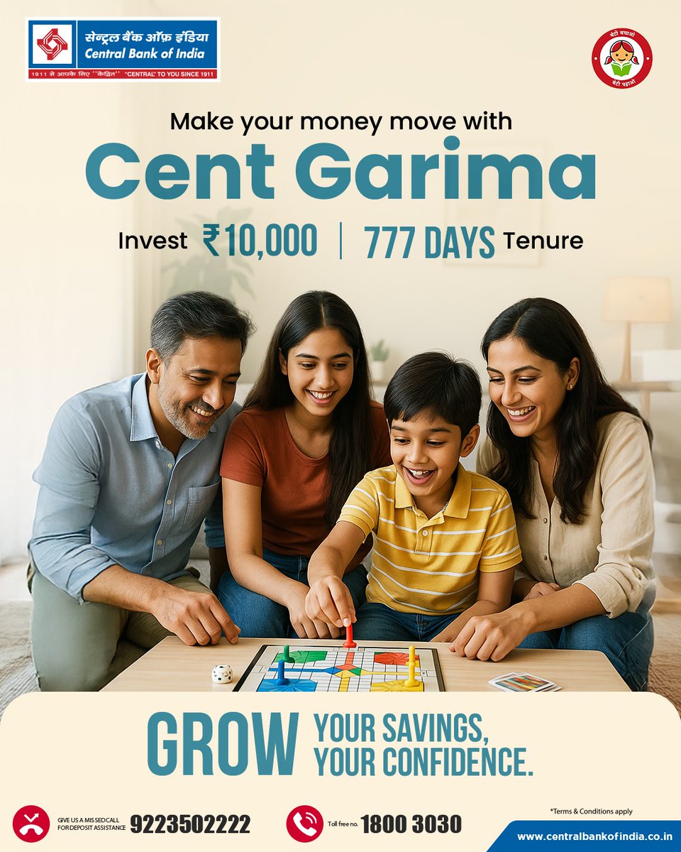 centralbank_in's tweet photo. Every coin you save today builds the foundation for your family’s tomorrow. Start with just ₹10,000 and watch it grow with Cent Garima
#CentralBankOfIndia #CentralToYouSince1911 #CentGarima #SmartSavings https://t.co/5nyICEjiCo