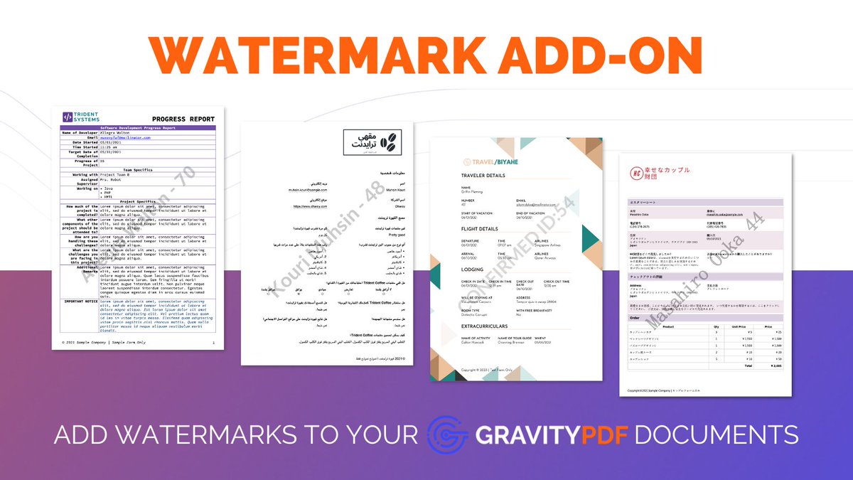 GravityPDF's tweet image. Worried about your content being misused once it leaves your hands? Protect your IP with the Gravity PDF Watermark add-on and easily add text or image watermarks to your generated PDF documents 👉 gpdf.us/wtrmrk #WordPress #GravityForms #GravityPDF