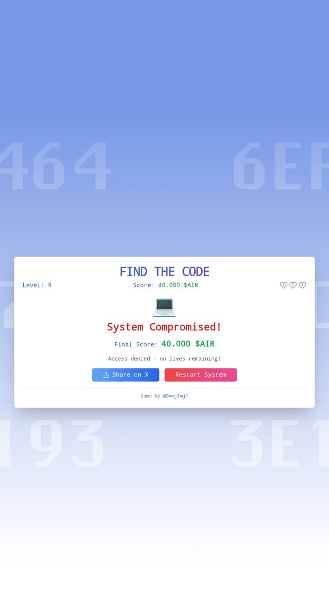 0xmjfmjf's tweet image. 🎮 Just played FIND THE CODE - Eth OS Memory Challenge!

💻 Final Score: 40.000 $AIR
🏆 Reached Level: 8
🔥 Memory skills tested!

@Ethereum_OS

Game by @0xmjfmjf

#EthOS #MemoryGame #Crypto #Gaming