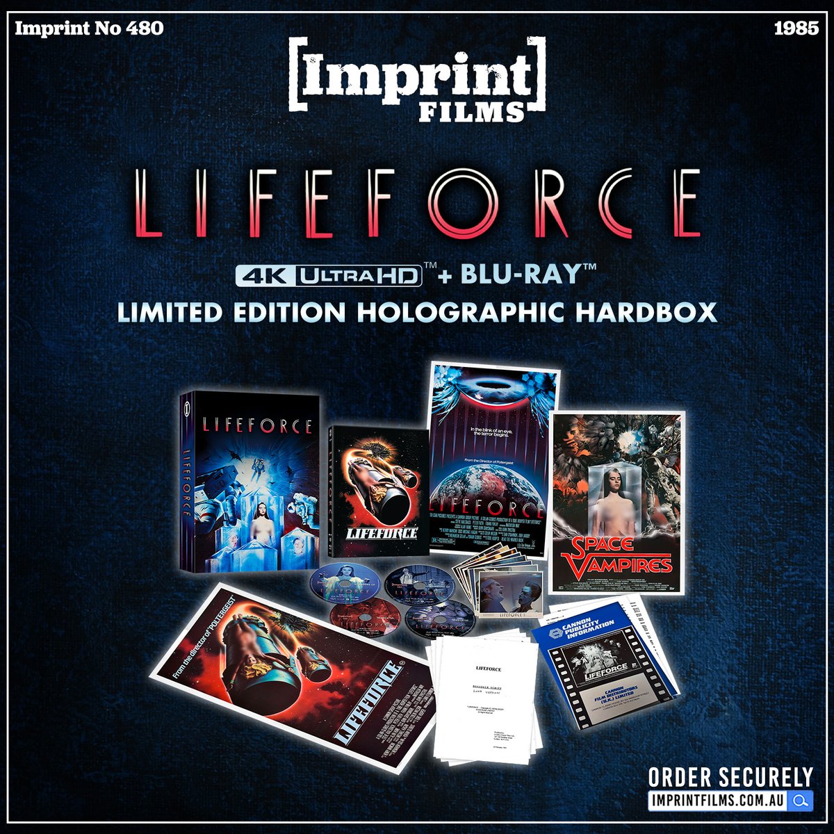 We’re feeling out of this world to announce that LIFEFORCE (1985), the vampiric and intergalactic 80s British sci-fi horror, joins the Imprint Collection on 4K Ultra HD and Blu-ray in a special Limited Edition Holographic Hardbox! 🩸 

This Limited Edition set of Tobe Hooper's
