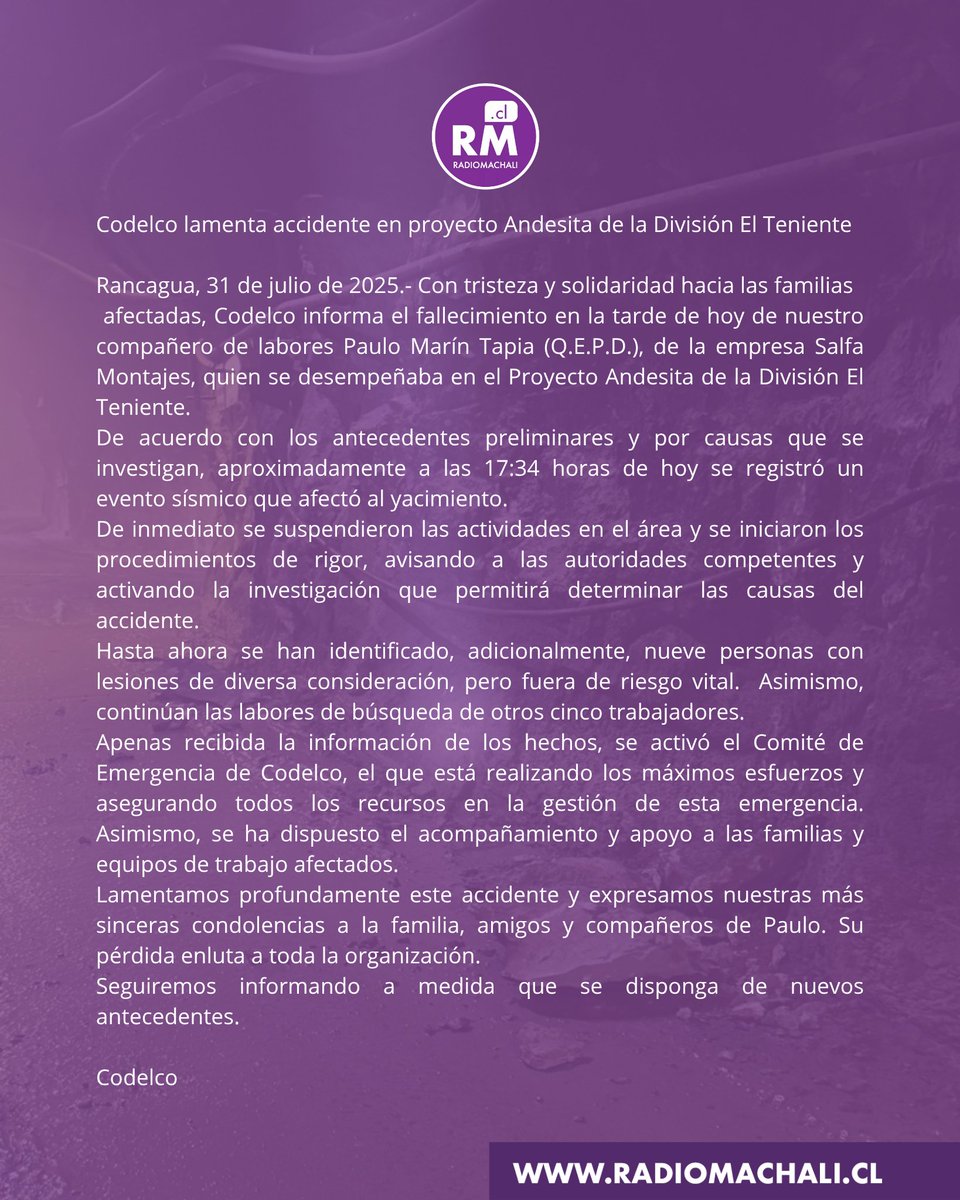 A través de un comunicado #Codelco lamentó la muerte de un trabajador de la empresa Salfa Montajes tras derrumbe en Mina #ElTeniente.