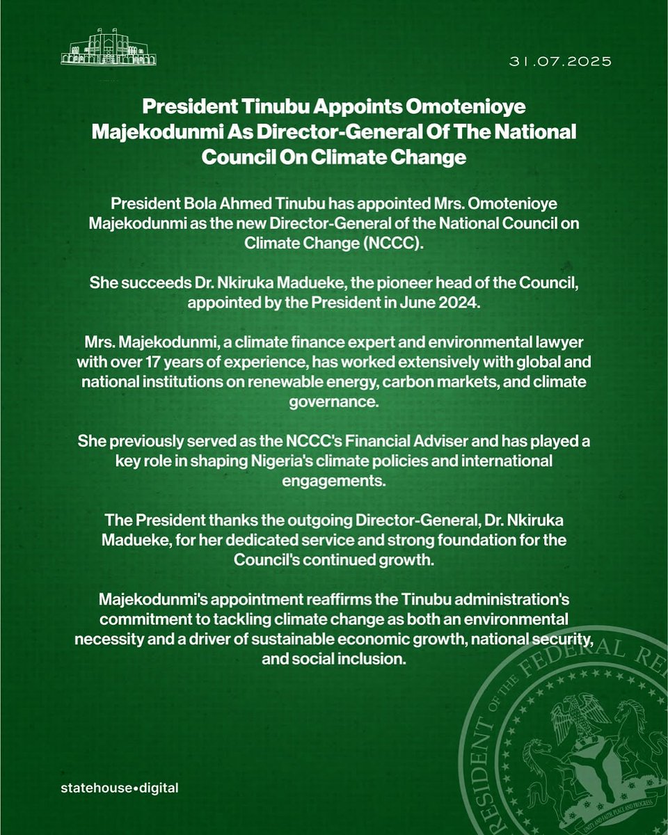 Climategovng's tweet image. President Tinubu Appoints Omotenioye Majekodunmi As Director-General Of The National Council On Climate Change
instagram.com/p/DMx6Cbmt3B3/…