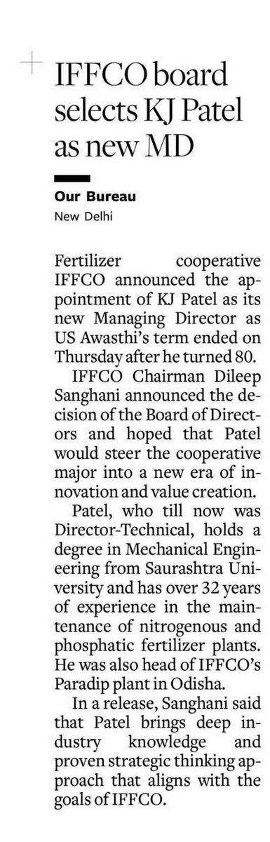 KiritkrJPatel's tweet photo. News Clippings of major National Newspapers. Will carry the baton of IFFCO family to new heights. https://t.co/cxcOyJc2fa