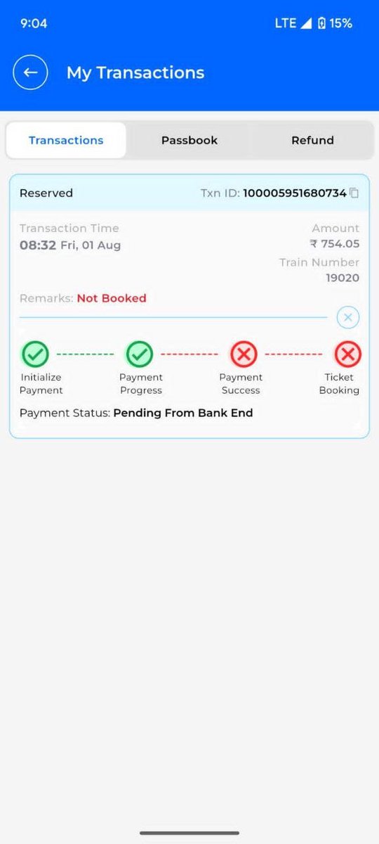 SaffronH70362's tweet image. Tried booking Train 19020 (GZB to Kota) in 3E coach for 12th Aug via RailOne — money got deducted but no ticket received. Screenshot attached as proof. Please resolve this ASAP.
@RailMinIndia @IRCTCofficial @RailOneApp #RailwayHelp #IRCTC