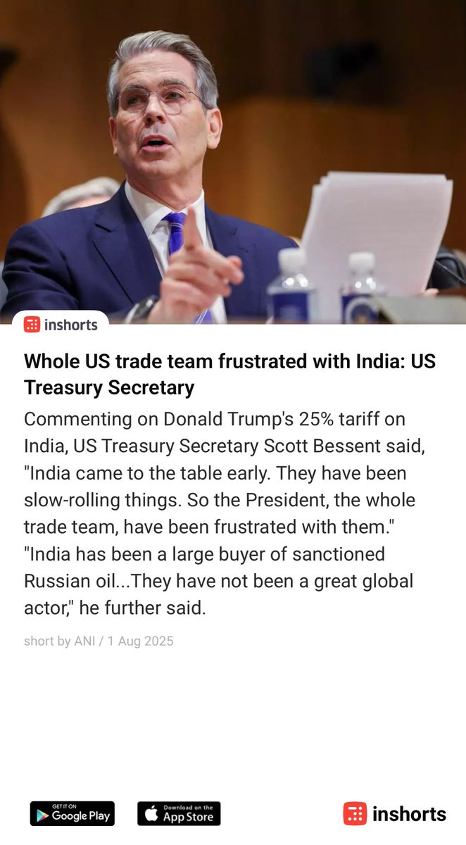 Whole US trade team frustrated with India: US Treasury Secretary
shrts.in/oyRn4
 -via inshorts