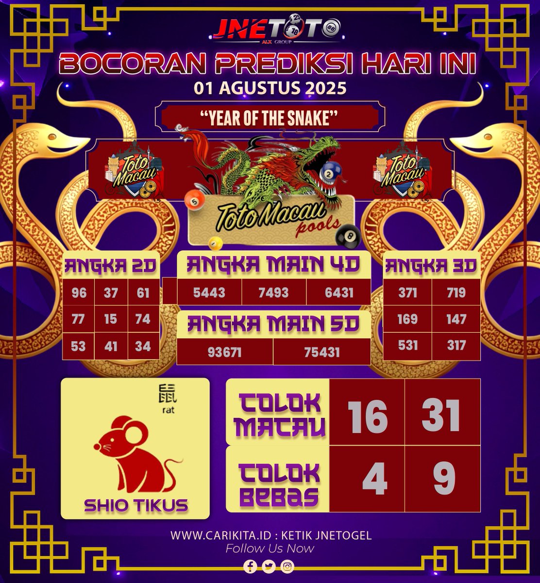 jnetotoofc_'s tweet photo. 🇲🇴 PREDIKSI MASTER 01 AGUSTUS 2025 🇲🇴
🐍YEAR OF THE SNAKE

📌 TOP 5D = 93671 - 75431
📌 TOP 4D = 5443 - 7493 - 6431
📌 TOP 3D = 371 - 719 - 169 - 147 - 531 - 317
📌 TOP 2D = 96 - 61 - 77 - 74 - 53 - 41 - 37 - 15 - 34

📌 TOP BBFS 5D = 1 3 4 5 7 9
📌 TOP SHIO : TIKUS 🐭

#jnetoto https://t.co/NBNjJAu60C
