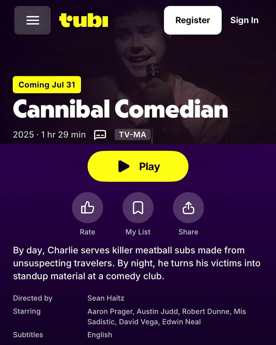 Pink Plaid Productions (@pinkplaid) on Twitter photo Horror-Comedy fans voted, we listened: Cannibal Comedian is now FREE today on <a href="/Tubi/">Tubi</a>! 📺 Stand-up gets a new killer special in this twisted tale with a body count. No subscription. No mercy. Just laughs, limbs and late-night chaos. Watch <a href="/CannibalComic/">Cannibal Comedian movie</a> NOW: link.tubi.tv/7gWbVxC4sVb Horror-Comedy fans voted, we listened: Cannibal Comedian is now FREE today on <a href="/Tubi/">Tubi</a>! 📺 Stand-up gets a new killer special in this twisted tale with a body count. No subscription. No mercy. Just laughs, limbs and late-night chaos. Watch <a href="/CannibalComic/">Cannibal Comedian movie</a> NOW: link.tubi.tv/7gWbVxC4sVb