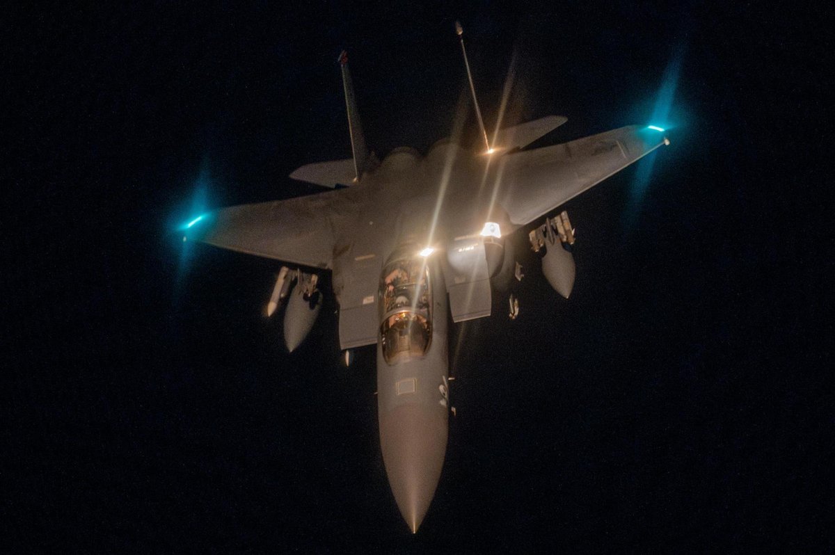 A U.S. Air Force F-15E Strike Eagle completes refueling while flying over the U.S. Central Command area of responsibility.