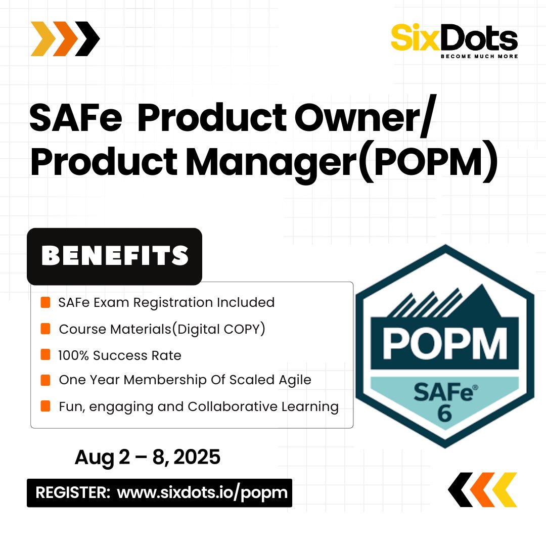 Are you a Product Owner/Product Manager in a scaled organization? 3x your impact in effective product management and value delivery 
Join our SAFe POPM Training &amp; Certification.
Next cohort starts Aug 2
Visit sixdots.io/popm 
Just 2 days left!