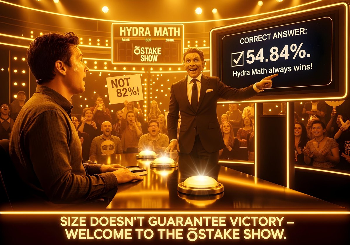 Rengoku_Hashir's tweet photo. 🎮 Welcome to the ōStake Show!
Host Hydraman asks: “82% stake = how much power?”
Audience: “Not 82%!”
✔️ Correct: 54.84%
 Size doesn’t guarantee victory — Hydra math always wins.
#HydraChain #Web3 #DeFi #FairStaking #CryptoGameShow #Lydra #ETH https://t.co/eixy6itOpM
