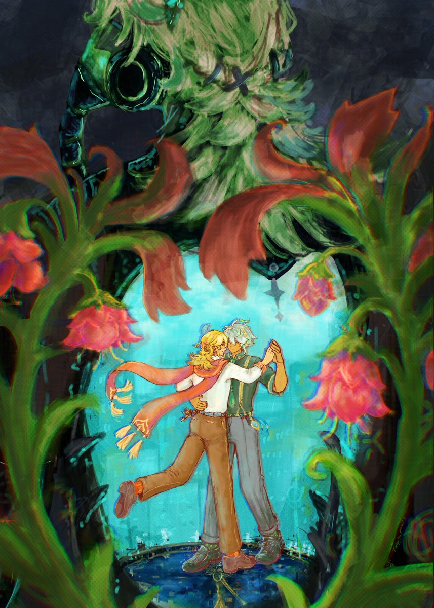 Illustration for <a href="/writingrosez/">rosie 🌱🏛</a> 's super awesome fic for the <a href="/haikavehmb/">Haikaveh Mini Bang ✦ POSTING PERIOD</a>!  Always love a good sci-fi/android/apocalyse setting,  fic is linked below!
#haikavehMB  #haikaveh