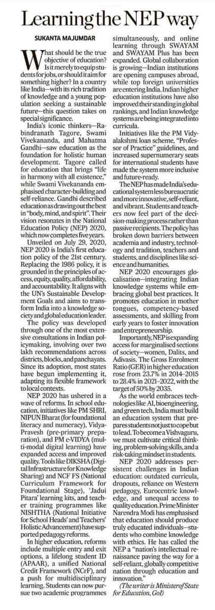 Dr. Sukanta Majumdar (@drsukantabjp) on Twitter photo Wrote on how Hon’ble PM <a href="/narendramodi/">Narendra Modi</a> ji’s visionary leadership has taken Indian education to new heights through #NEP2020 — rooted in Indian values, focused on global standards.
From foundational literacy to futuristic tech, NEP is shaping a Viksit Bharat!
#5YearsOfNEP Wrote on how Hon’ble PM <a href="/narendramodi/">Narendra Modi</a> ji’s visionary leadership has taken Indian education to new heights through #NEP2020 — rooted in Indian values, focused on global standards.
From foundational literacy to futuristic tech, NEP is shaping a Viksit Bharat!
#5YearsOfNEP