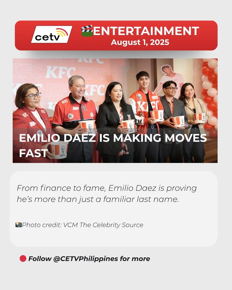 From banker to breakout star, Emilio Daez is proving he’s more than just a famous last name—and now he’s KFC’s newest endorser! 🍗✨

Read more on the FB page of CETV Philippines.

#SeeItOnCETV #OnwardAndFOURward #EmilioDaez #KFCPhilippines #GenZRisingStar