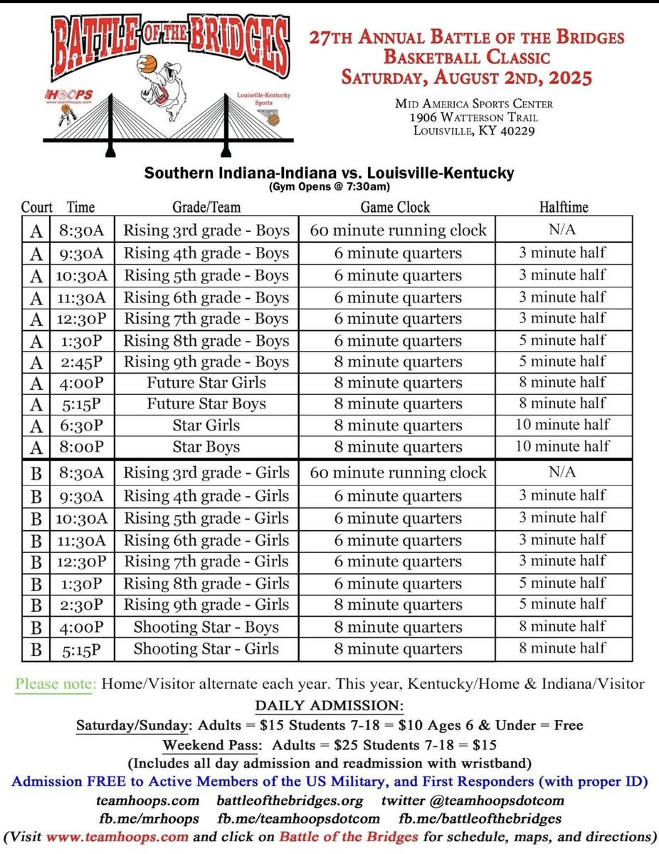Full schedule of the Battle of the Bridges
