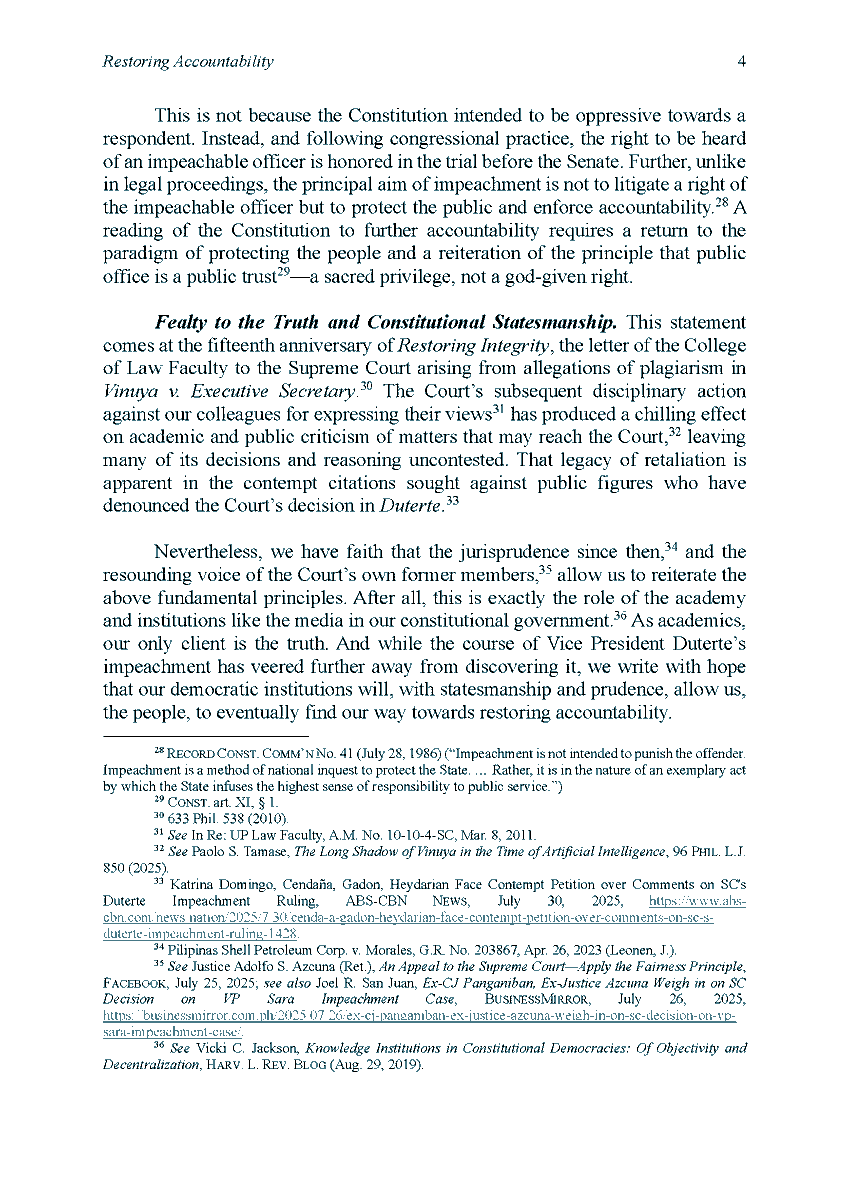 Individual members of the UP College of Law Faculty issued "Restoring Accountability," a statement on developments in the Impeachment of VP Sara Z. Duterte. Link: uplaw.ph/restoringaccou…
