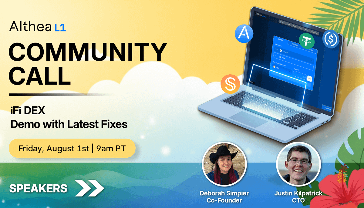 Althea (@altheanetwork) on Twitter photo Live demo of the iFi DEX this Friday at 9am PT!
<a href="/DeborahSimpier/">Deborah Simpier</a> and <a href="/ttk314/">Justin Kilpatrick</a> will showcase Liquidity Fusion in action as we enter the final testnet phase.
See how ambient, concentrated, and knockout liquidity work together in one pool - purpose-built for the machine economy 🤖 Live demo of the iFi DEX this Friday at 9am PT!
<a href="/DeborahSimpier/">Deborah Simpier</a> and <a href="/ttk314/">Justin Kilpatrick</a> will showcase Liquidity Fusion in action as we enter the final testnet phase.
See how ambient, concentrated, and knockout liquidity work together in one pool - purpose-built for the machine economy 🤖