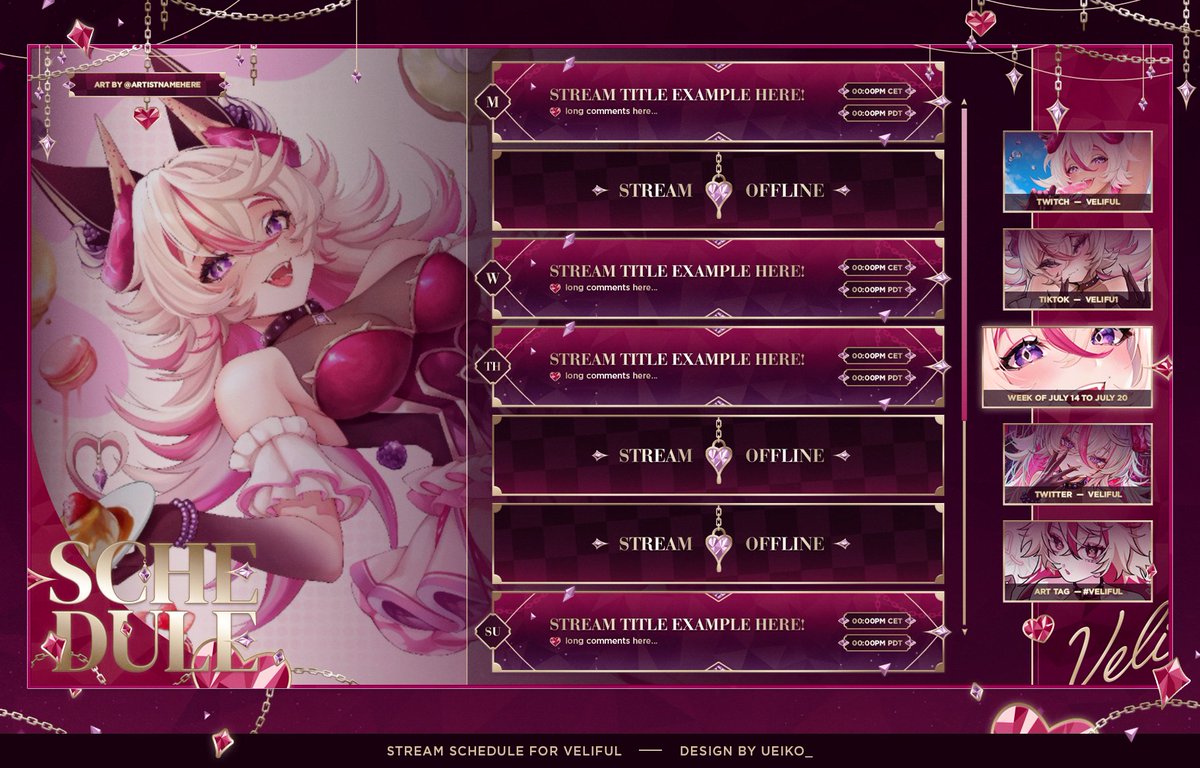 ㅡ stream schedule for <a href="/Veliful/">Veli 🐱💗</a> 💗

had the opportunity to design a schedule for Veli! thank you so much for your patience and for trusting me 🤍
 
#Veliful #VTuberAssets