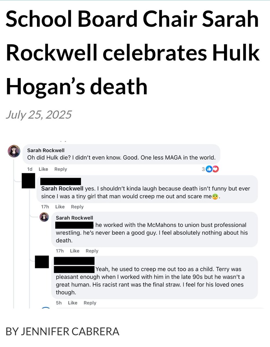 <a href="/ClepperJer49937/">Jeremy Clepper</a> Here is Sarah Rockwell's now-deleted post celebrating Hulk Hogan’s death.

She said, "Good. One less MAGA in the world."