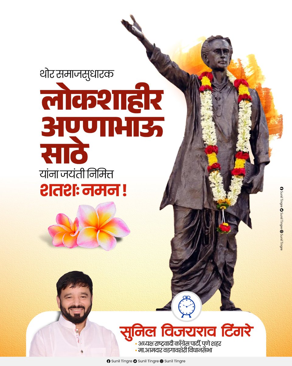 अण्णाभाऊ साठे यांनी आपल्या शाहिरी बाण्यातून अन्यायाविरुद्ध लढण्याची प्रेरणा निर्माण केली. शेतकरी, पददलित, श्रमिक यांच्या वेदनांचा हुंकार आपल्या साहित्यातून मांडला. संयुक्त महाराष्ट्राच्या लढ्यात महत्त्वपूर्ण योगदान देणारे लोकशाहीर अण्णाभाऊ साठे यांना जयंती दिनी विनम्र अभिवादन!