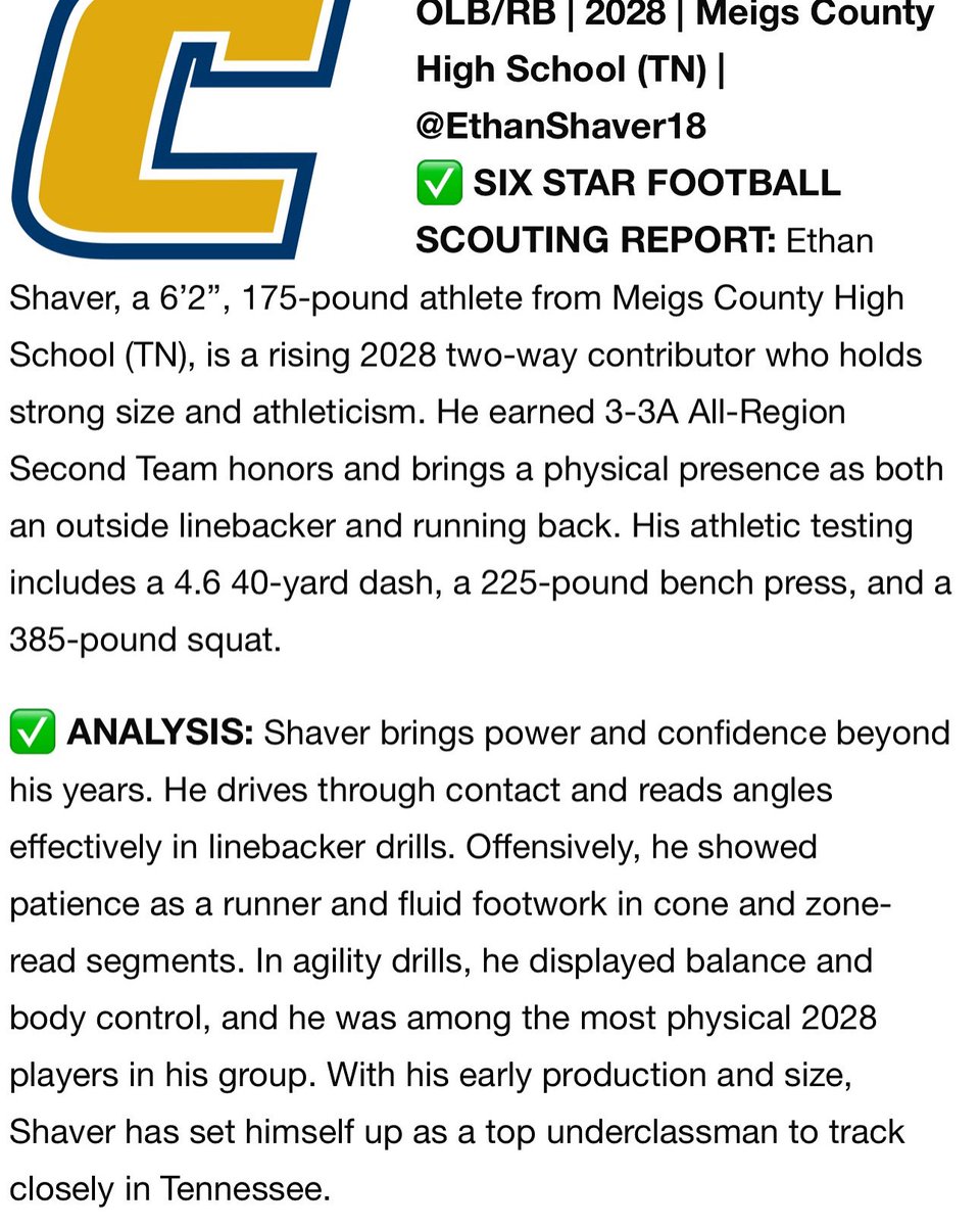 Ethan Shaver (@ethanshaver18) on Twitter photo Big thanks to <a href="/sixstarfootball/">Six Star Football | PLUS+</a> for the write up in their UTC camp coverage. There was a lot of amazing defensive talent there and I’m grateful to be recognized . Another big thanks to <a href="/GoMocsFB/">Chattanooga Football</a> <a href="/AndrewBementUTC/">Andrew Bement</a> <a href="/CoachRustyW/">Rusty Wright</a> for having me!
<a href="/CSmithScout/">Chris Smith</a>
<a href="/CoachSimbeck/">Nathan Simbeck</a> Big thanks to <a href="/sixstarfootball/">Six Star Football | PLUS+</a> for the write up in their UTC camp coverage. There was a lot of amazing defensive talent there and I’m grateful to be recognized . Another big thanks to <a href="/GoMocsFB/">Chattanooga Football</a> <a href="/AndrewBementUTC/">Andrew Bement</a> <a href="/CoachRustyW/">Rusty Wright</a> for having me!
<a href="/CSmithScout/">Chris Smith</a>
<a href="/CoachSimbeck/">Nathan Simbeck</a>