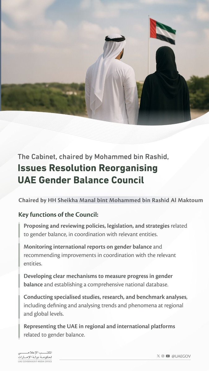 Chaired by His Highness Sheikh Mohammed bin Rashid Al Maktoum, the UAE Cabinet has approved a resolution to reorganise the UAE Gender Balance Council. This step reinforces the UAE’s steadfast commitment to enhancing the participation of all community segments in the nation’s