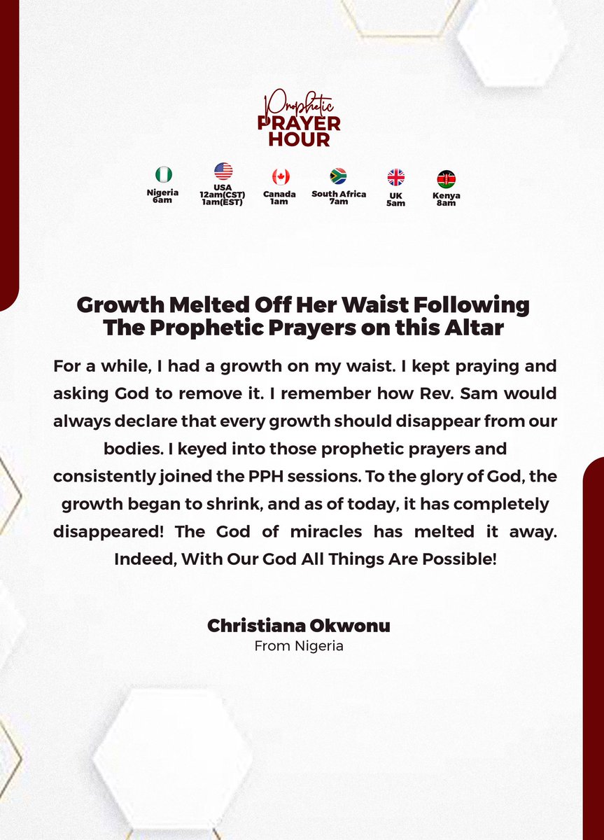 YOUR TESTIMONY IS NOW!
You will carry your evidence now.
You will not labor or wait in vain.
You will not invest to lose again.
You are the next and now!

Join Us In God’s Presence Everyday (6am WAT) For The Prophetic Prayer Hour (#PPH) On All Socials At: Rev Sam Oye