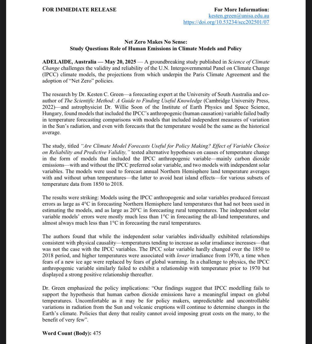 The IPCC overstated its climate models by 4°C for land temperatures &amp; as much as 20°C in rural areas, according to a study into the Science of Climate Change. The study accused the IPCC of denying reality by using such flawed projections in the Paris Climate Agreement &amp; the