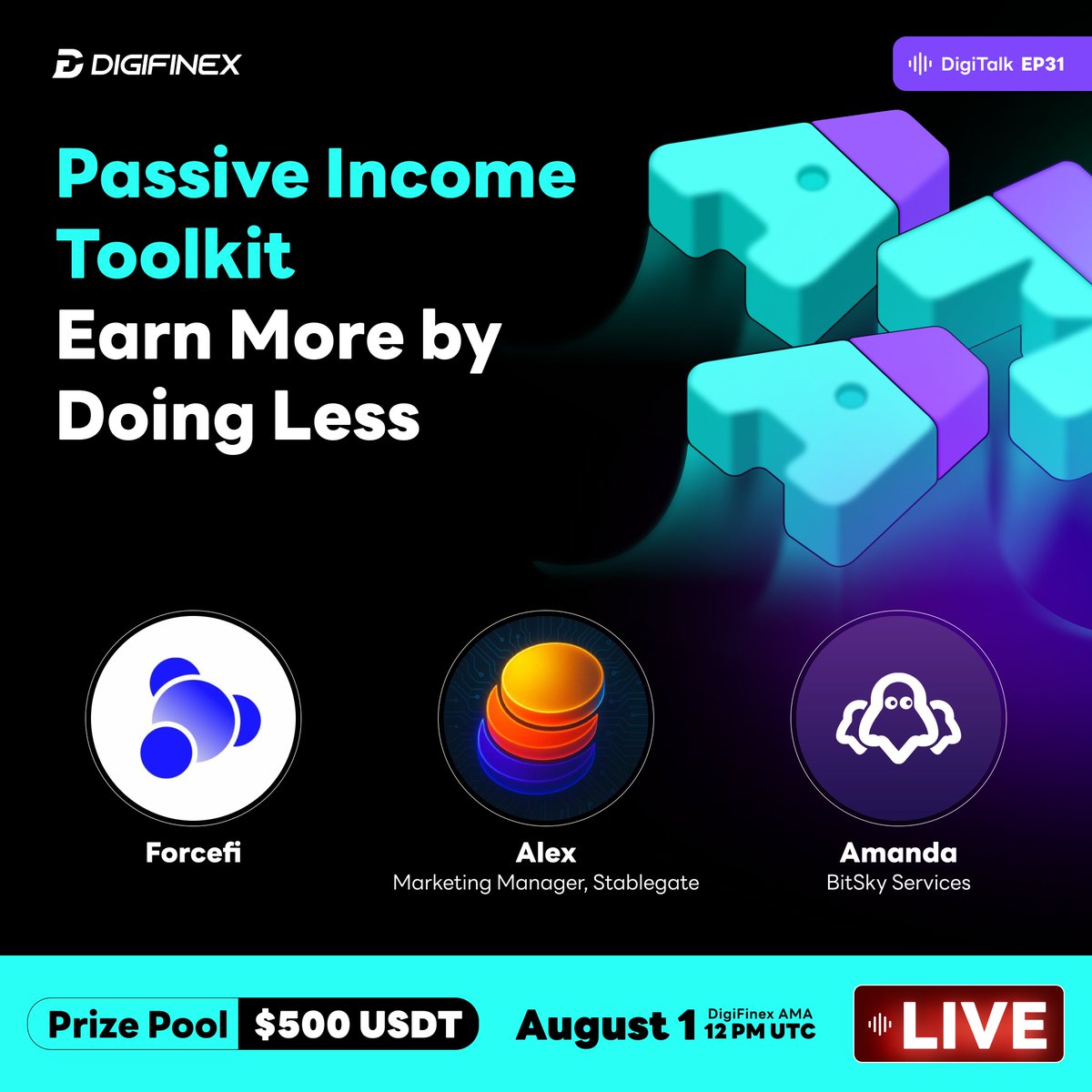 DigiFinex Global (@digifinex) on Twitter photo 📢 #DigiTalk EP31 goes live Aug 1, 12 PM UTC!
Tired of staring at charts? Discover how to earn passively with <a href="/Forcefi_io/">Forcefi.io</a> <a href="/stablegatecom/">Stablegate</a> @BitskySocial Join the convo & level up your passive income game.
🎙 Set reminder: x.com/i/spaces/1jMJg…
🎁 500 USDT prize pool up for 📢 #DigiTalk EP31 goes live Aug 1, 12 PM UTC!
Tired of staring at charts? Discover how to earn passively with <a href="/Forcefi_io/">Forcefi.io</a> <a href="/stablegatecom/">Stablegate</a> @BitskySocial Join the convo & level up your passive income game.
🎙 Set reminder: x.com/i/spaces/1jMJg…
🎁 500 USDT prize pool up for