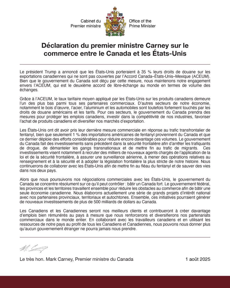 Ma déclaration sur le commerce entre le Canada et les États-Unis :