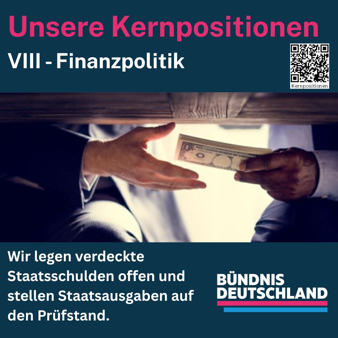 BÜNDNIS DEUTSCHLAND verfolgt eine wirtschaftsliberale, ausgabenorientierte Finanzpolitik mit dem Ziel, unnötige Belastungen abzubauen und gleichzeitig Zukunftsinvestitionen zu stärken. 
Wir sehen in Deutschland kein Einnahmen-, sondern ein Ausgabenproblem und fordern daher eine