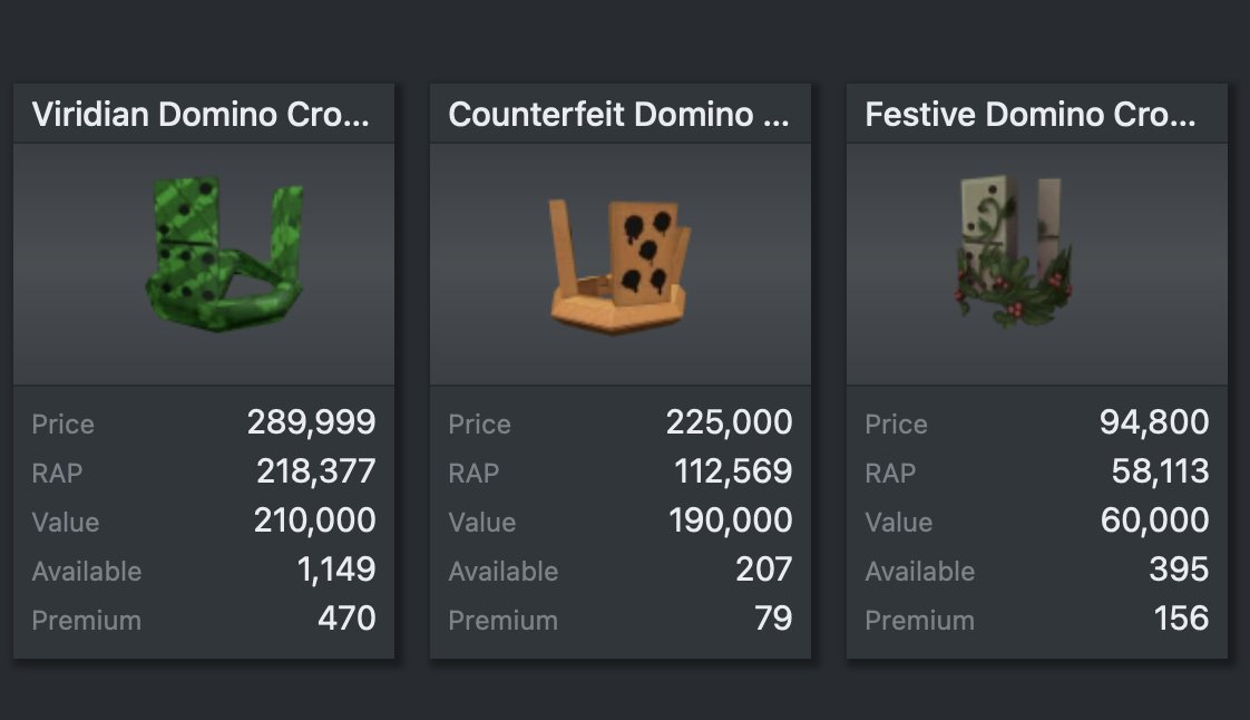 ottd0's tweet image. These are about to go down so much when Roblox makes Platinum Domino Crown Limited
#roblox #robloxtrading