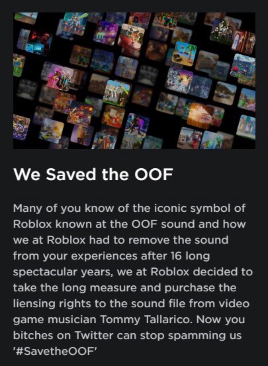 GameOnOfficiall's tweet photo. #SavetheOOF
๐จITS BACK!๐จ
Roblox Officially Reinstated the OOF Sound after 3 Years! https://t.co/E0vnQVcpdp