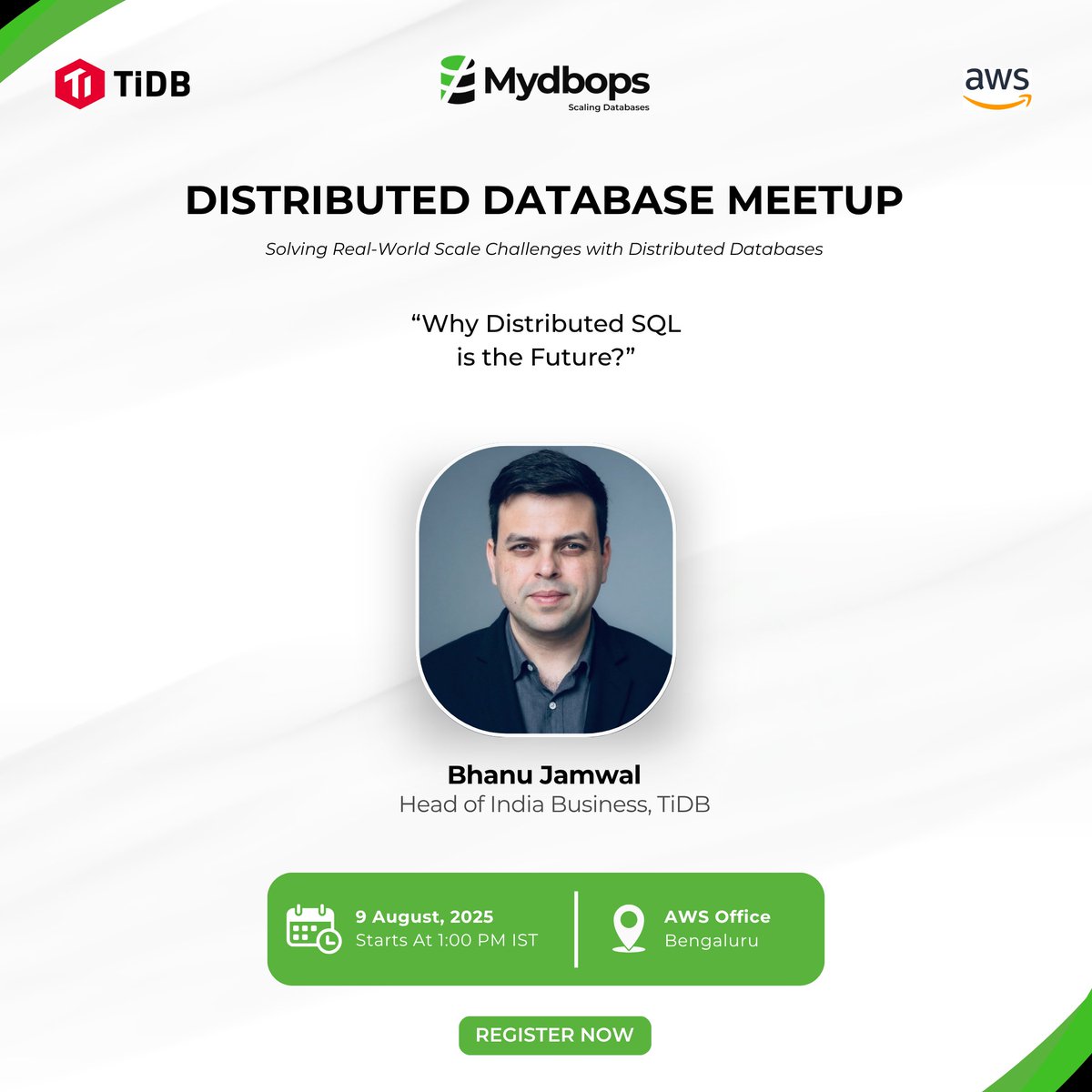MydbopsOfficial's tweet image. Join @MydbopsOfficial, @PingCAP &amp;amp; @awscloud to learn why Distributed SQL is the future from expert Bhanu Jamwal.

🗓️ Aug 9 | 1 PM
📍 AWS Office, Bengaluru

Register now!
👉 pingcap.com/event/solving-…

#DistributedSQL #DataArchitecture #AWS #TiDB #Bangalore #Database