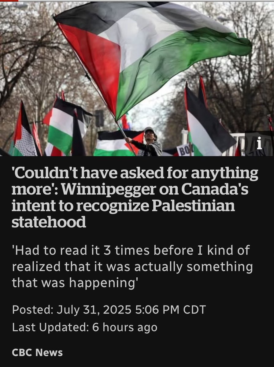 Apparently all what Palestinians care about are flags and bantustans not liberation or an end to genocide or sanctions. And they still had to interview a Zionist for ‘balance’. cbc.ca/news/canada/ma…