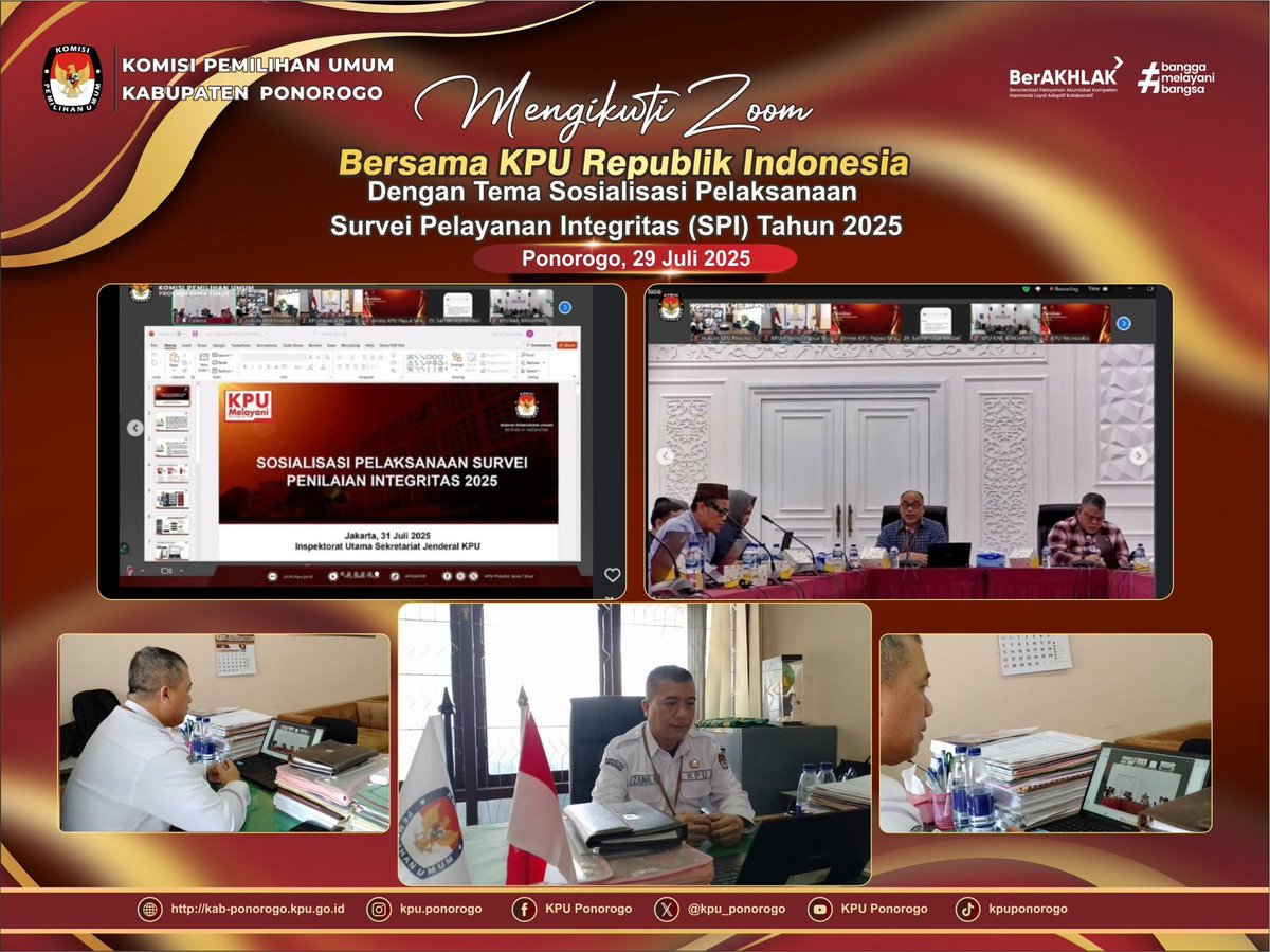 #TemanPemilih KPU Kabupaten Ponorogo mengikuti Sosialisasi Pelaksanaan Survei Penilaian Integritas (SPI) Tahun 2025. Kegiatan dilaksanakan secara daring pada Kamis, 31 Juli 2025.